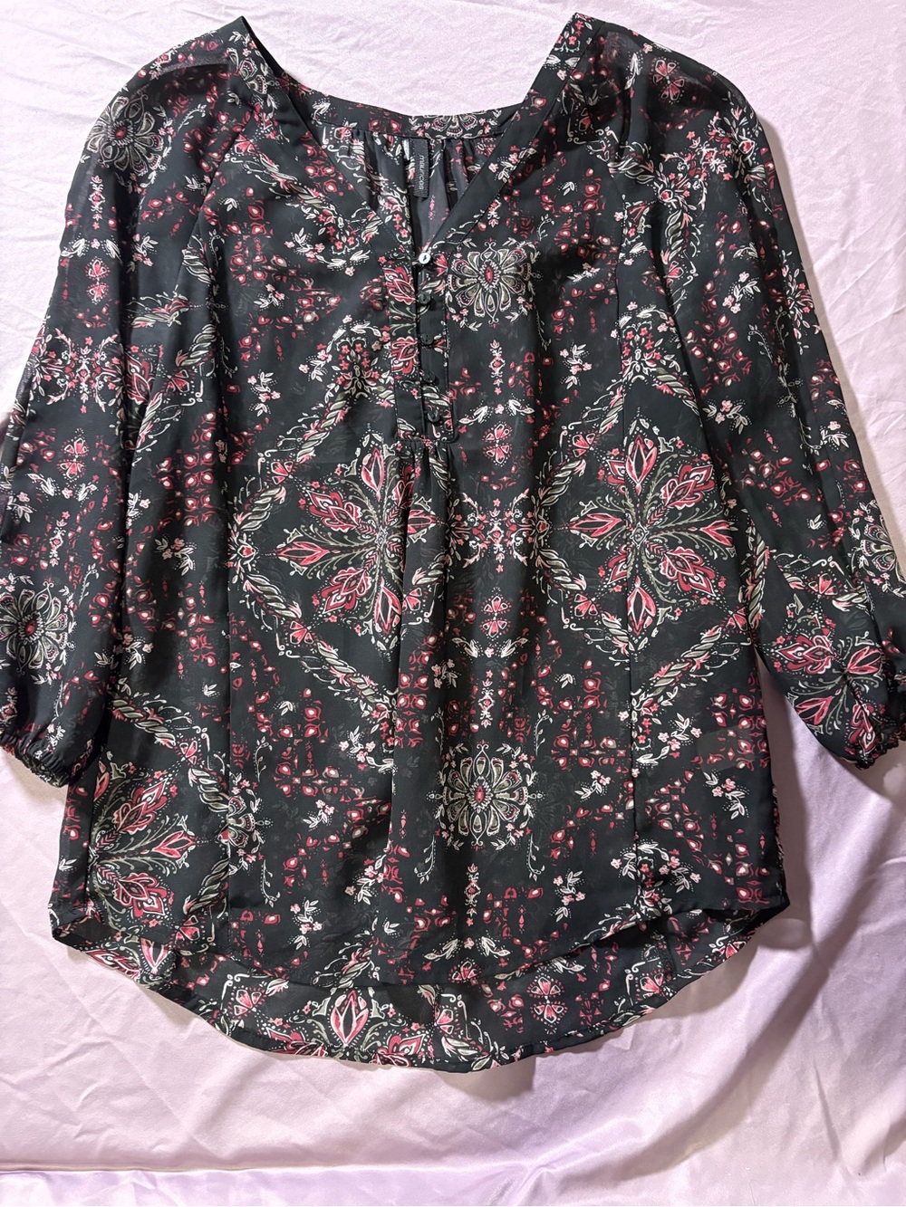 Maurices Black Floral Medallion Tunic with Pink and Cream Accents